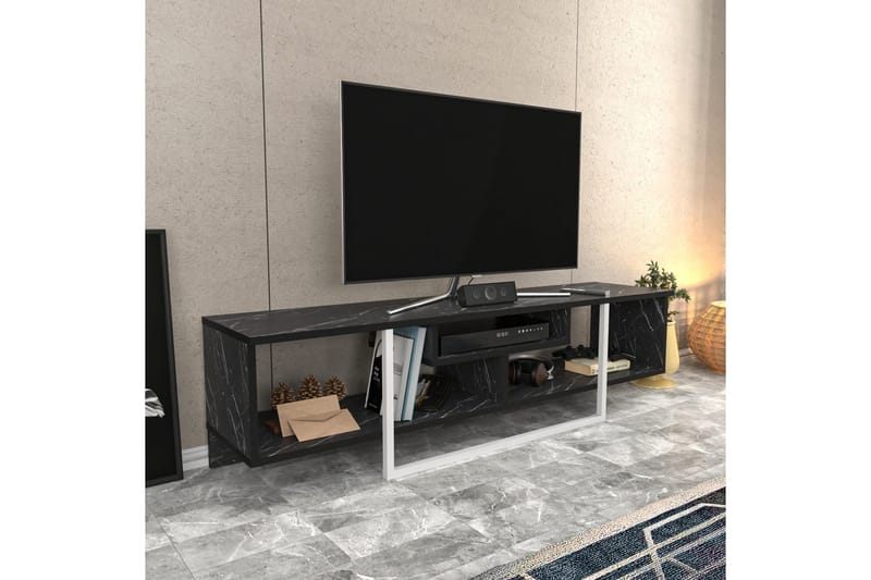 Rinorea Golvstående Tv Bänk 150 cm med Förvaring i Målat Trä och marmorutseende - Svart - Möbler - Tv möbel & mediamöbel - TV bänk & mediabänk