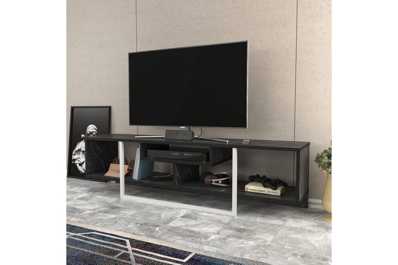 Rinorea Golvstående Tv Bänk 150 cm med Förvaring i Målat Trä och marmorutseende - Svart - Möbler - Tv möbel & mediamöbel - TV bänk & mediabänk