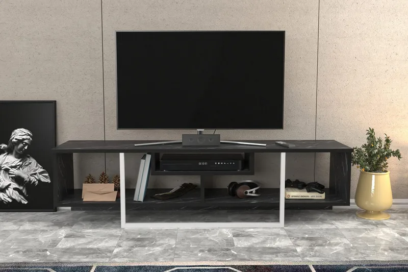 Rinorea Golvstående Tv Bänk 150 cm med Förvaring i Målat Trä och marmorutseende - Svart - Möbler - Tv möbel & mediamöbel - TV bänk & mediabänk