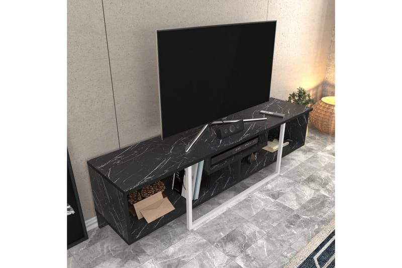Rinorea Golvstående Tv Bänk 150 cm med Förvaring i Målat Trä och marmorutseende - Svart - Möbler - Tv möbel & mediamöbel - TV bänk & mediabänk