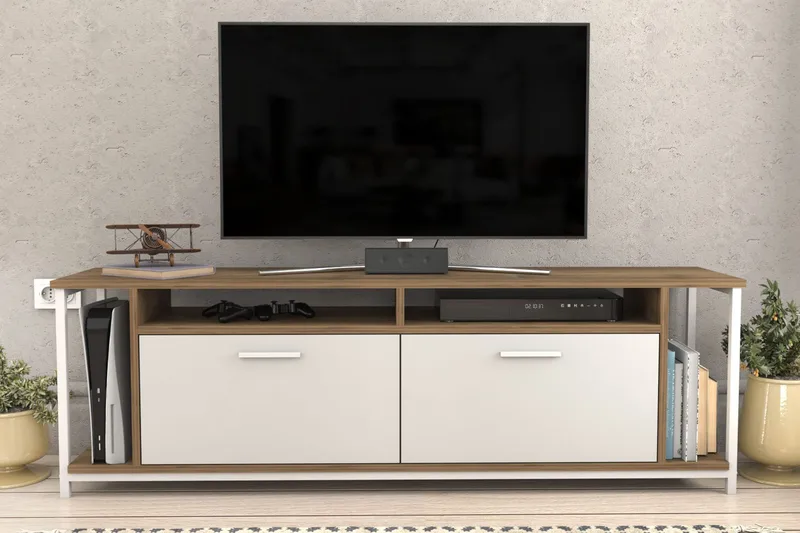 Rinorea Golvstående Tv Bänk 160 cm med Förvaring i Målat Trä - Vit|Brun - Möbler - Tv möbel & mediamöbel - TV bänk & mediabänk