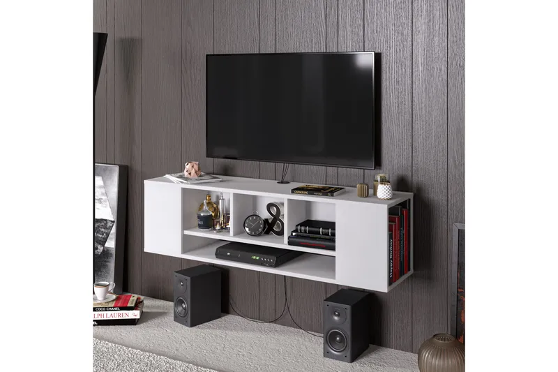 Risnabben Väggmonterad TV Bänk 135 cm med Förvaring i Målat Trä - Vit - Möbler - Tv möbel & mediamöbel - TV bänk & mediabänk