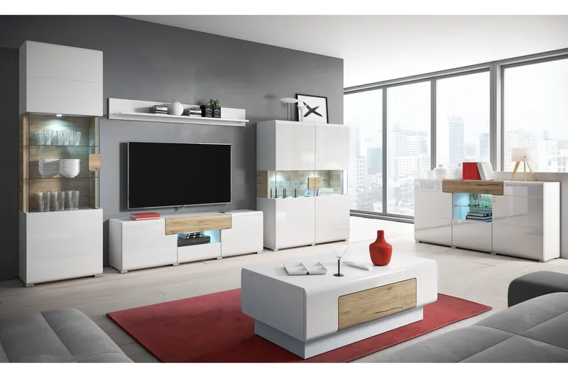 Saran TV-bänk 208 cm - Ek/Vit högglans - Möbler - Tv möbel & mediamöbel - TV bänk & mediabänk