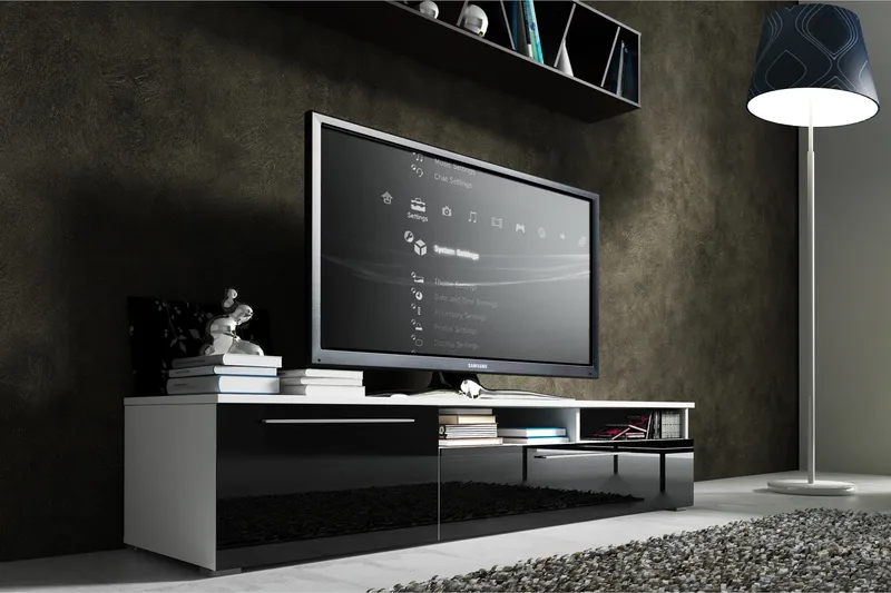 Stockend Golvstående TV Bänk 150 cm med Förvaring i Målat Trä med högglans utseende - Svart - Möbler - Tv möbel & mediamöbel - TV bänk & mediabänk