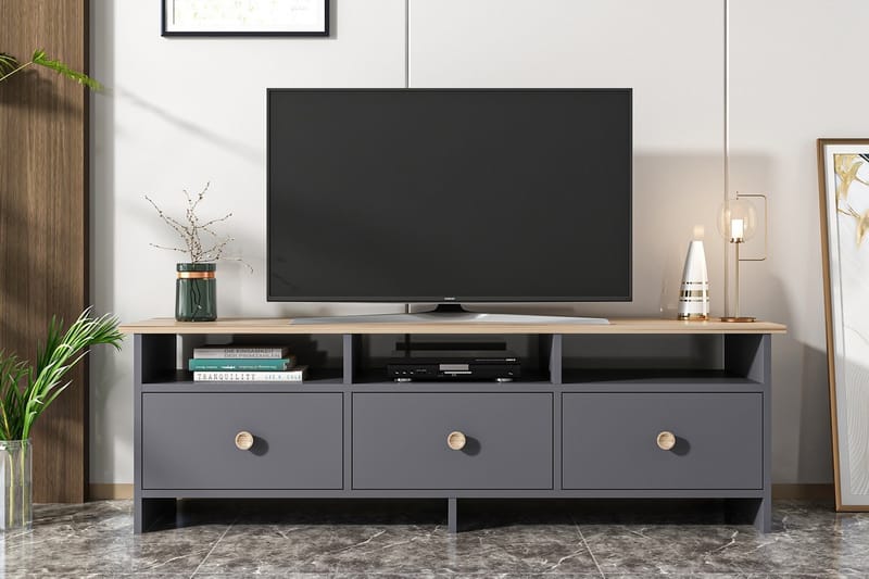 Tv-bänk 150 cm 3 Skåp 3 Hyllor - Antracit/Natur - TV bänk & mediabänk