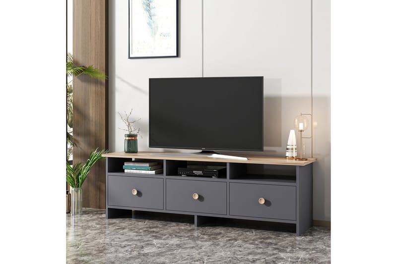 Tv-bänk 150 cm 3 Skåp 3 Hyllor - Antracit/Natur - Möbler - Tv möbel & mediamöbel - TV bänk & mediabänk