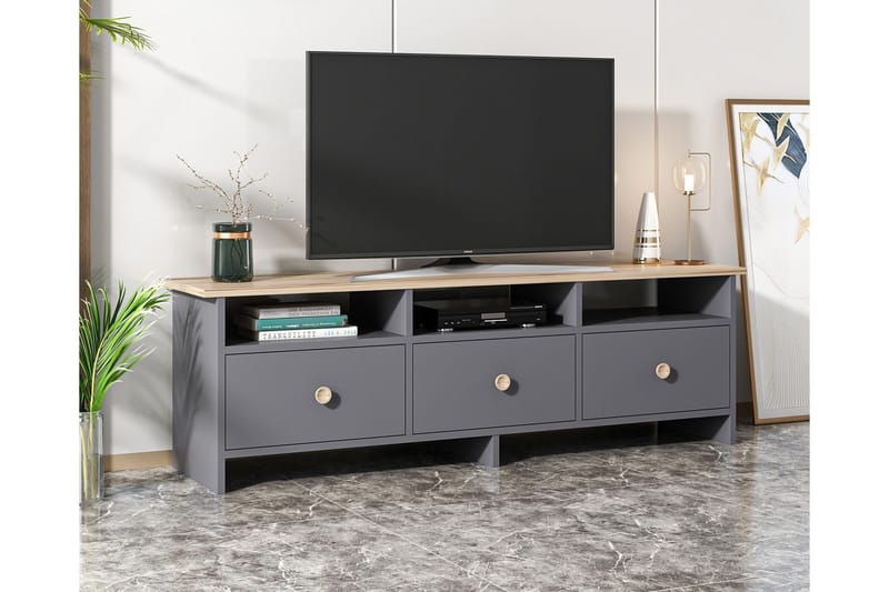 Tv-bänk 150 cm 3 Skåp 3 Hyllor - Antracit/Natur - Möbler - Tv möbel & mediamöbel - TV bänk & mediabänk