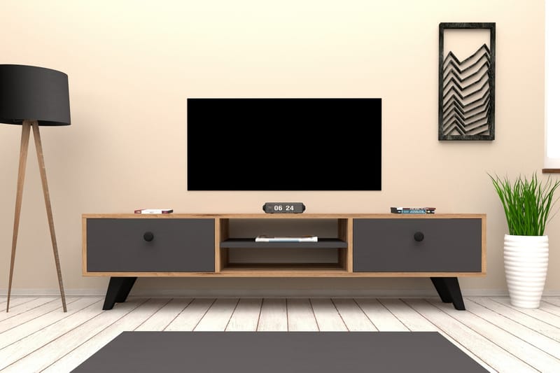Tv-bänk 160 cm 2 Skåp 2 Hyllor - Natur/Antracit - Möbler - Tv möbel & mediamöbel - TV bänk & mediabänk