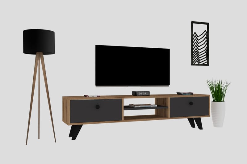 Tv-bänk 160 cm 2 Skåp 2 Hyllor - Natur/Antracit - Möbler - Tv möbel & mediamöbel - TV bänk & mediabänk