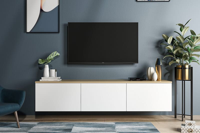 Tv-bänk 160 cm 3 Skåp - Vit/Natur - Möbler - Tv möbel & mediamöbel - TV bänk & mediabänk