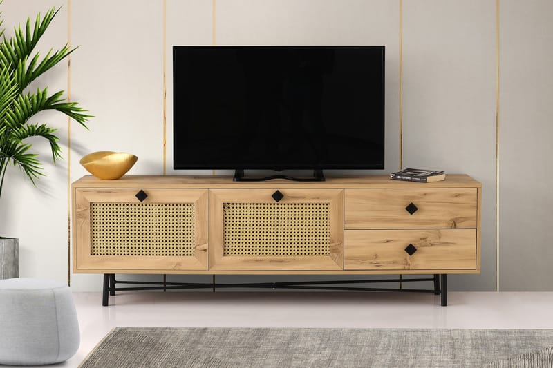 Tv-bänk 180 cm 4 Skåp - Natur/Svart - Möbler - Tv möbel & mediamöbel - TV bänk & mediabänk