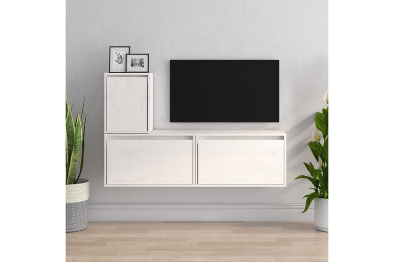 Tv-bänk 3 st vit massiv furu - Vit - TV bänk & mediabänk