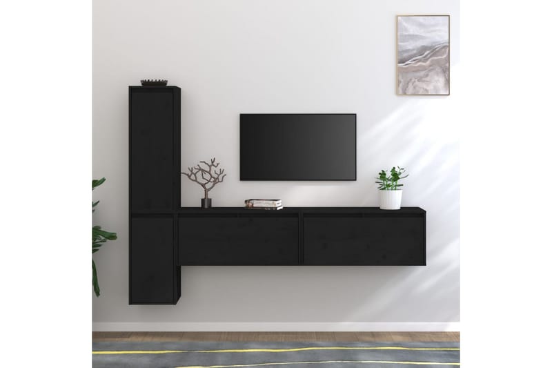 Tv-bänk 4 delar svart massiv furu - Svart - TV bänk & mediabänk