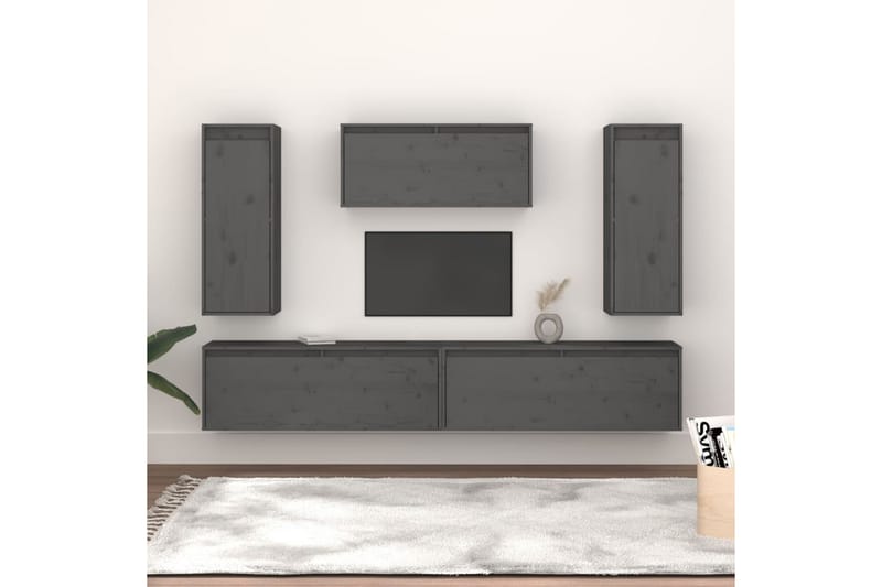 Tv-bänk 5 st grå massiv furu - Grå - TV bänk & mediabänk