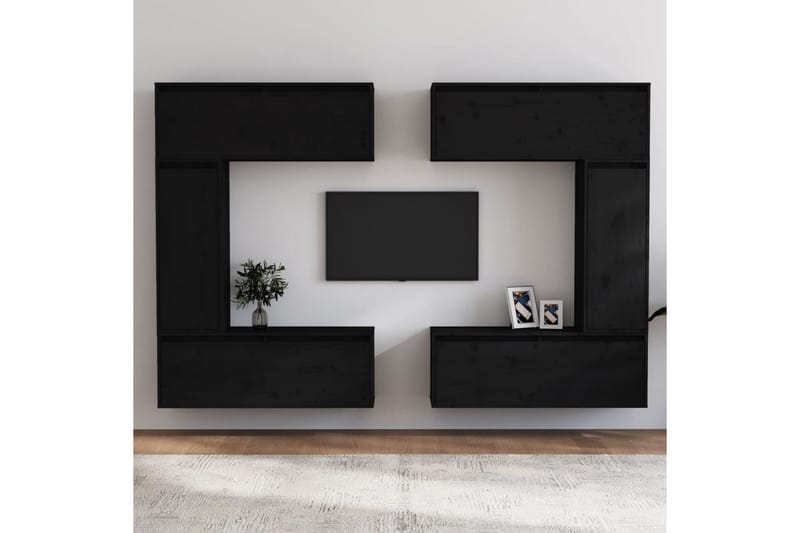 Tv-bänk 6 delar svart massiv furu - Svart - TV bänk & mediabänk