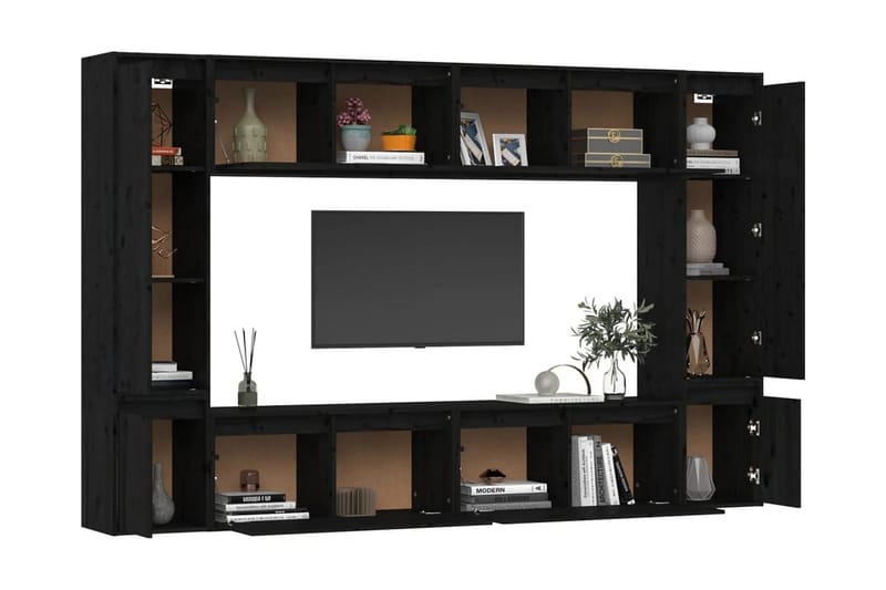 Tv-bänk 8 delar svart massiv furu - Svart - TV bänk & mediabänk