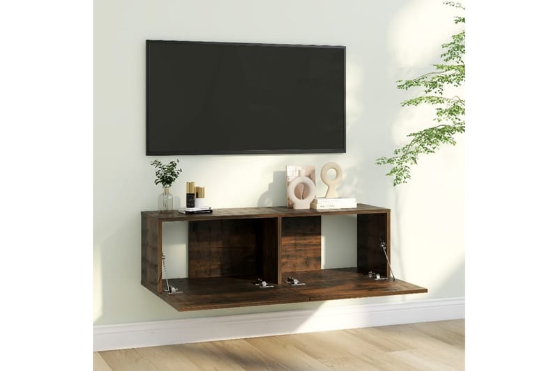 Tv-bänk för vägg rökfärgad ek 100x30x30 cm konstruerat trä - Brun - Möbler - Tv möbel & mediamöbel - TV bänk & mediabänk