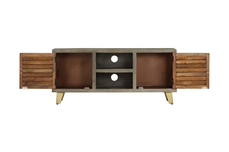 TV-bänk massivt mangoträ grå med mässing 110x30x48 cm - Grå - Möbler - Tv möbel & mediamöbel - TV bänk & mediabänk