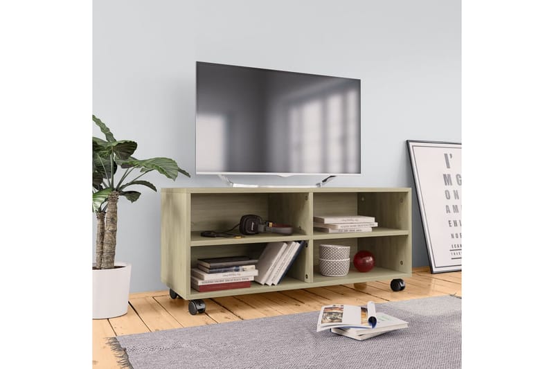 TV-bänk med hjul sonoma ek 90x35x35 cm spånskiva - Brun - Möbler - Tv möbel & mediamöbel - TV bänk & mediabänk