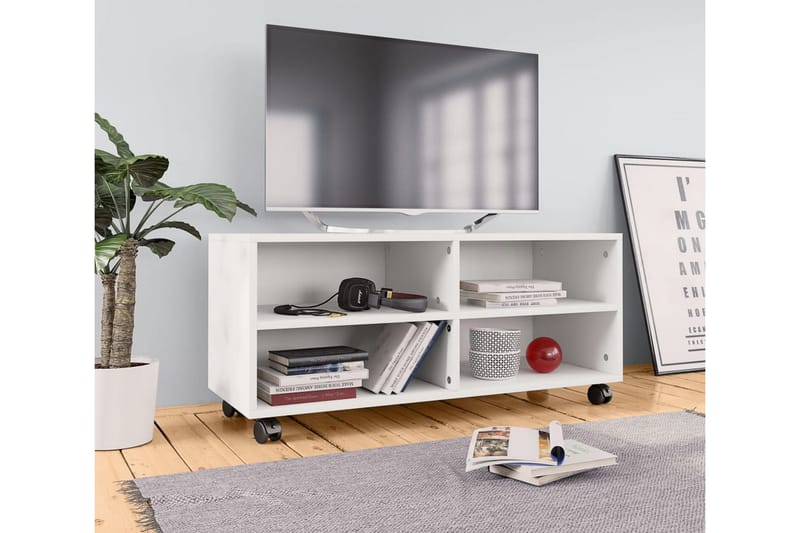 TV-bänk med hjul vit 90x35x35 cm spånskiva - Vit - Möbler - Tv möbel & mediamöbel - TV bänk & mediabänk