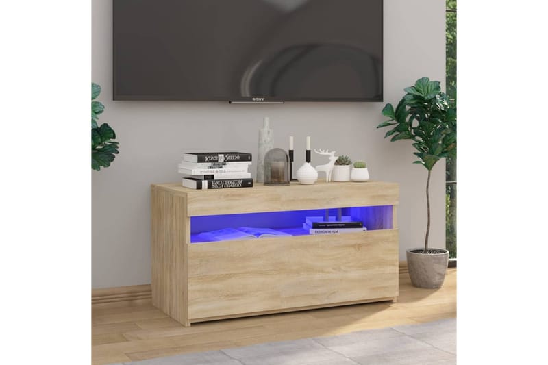 Tv-bänk med LED-belysning sonoma-ek 75x35x40 cm - Brun - TV bänk & mediabänk