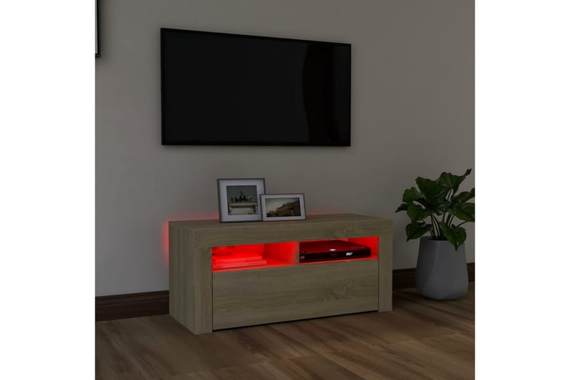 TV-bänk med LED-belysning sonoma-ek 90x35x40 cm - Brun - TV bänk & mediabänk