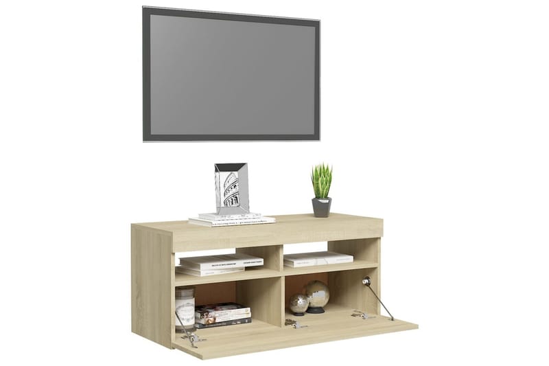 TV-bänk med LED-belysning sonoma-ek 90x35x40 cm - Brun - TV bänk & mediabänk
