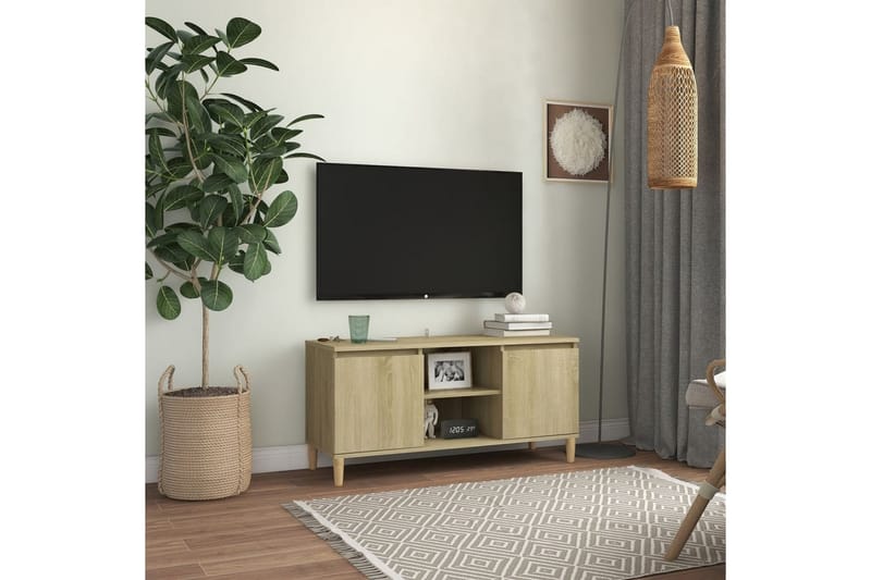 TV-bänk med massiva ben sonoma-ek 103,5x35x50 cm - Brun - Möbler - Tv möbel & mediamöbel - TV bänk & mediabänk