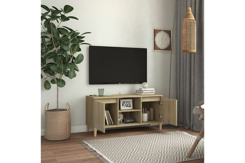 TV-bänk med massiva ben sonoma-ek 103,5x35x50 cm - Brun - Möbler - Tv möbel & mediamöbel - TV bänk & mediabänk