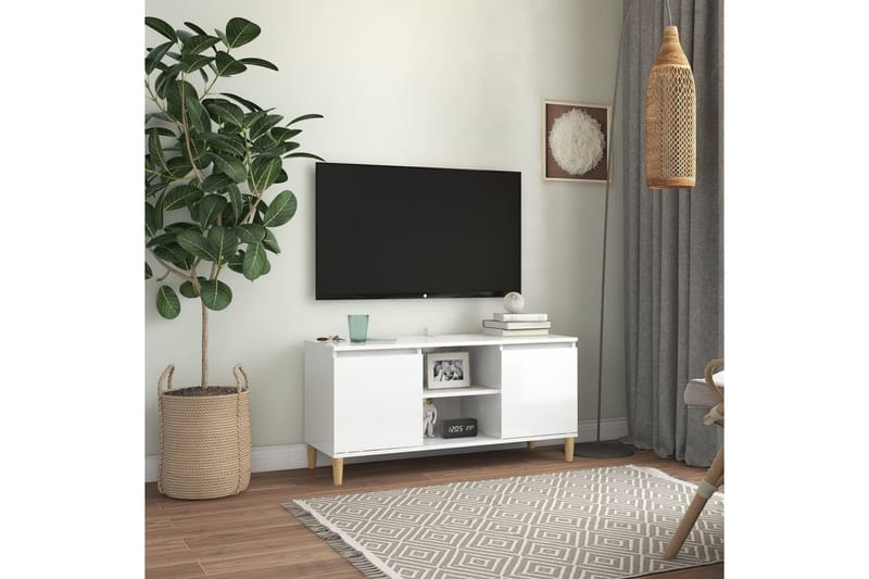 TV-bänk med massiva ben vit högglans 103,5x35x50 cm - Vit - TV bänk & mediabänk