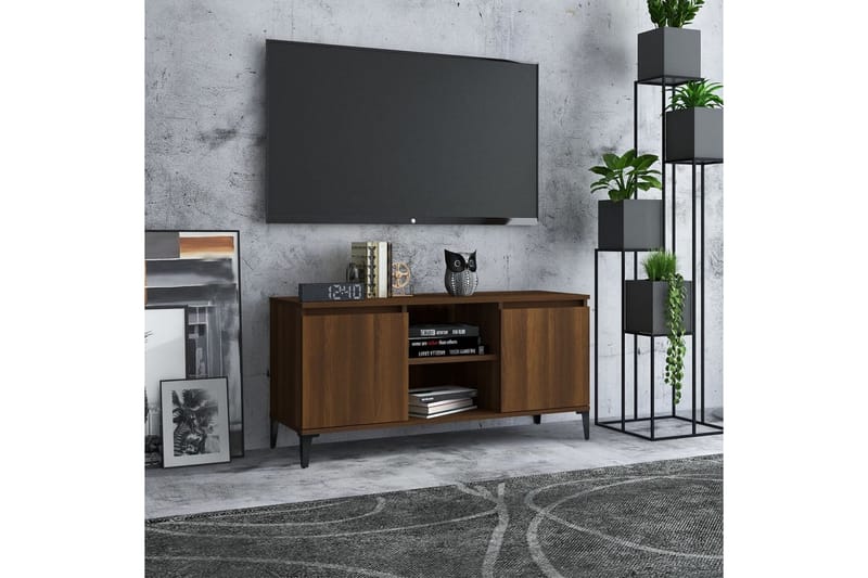 TV-bänk med metallben brun ek 103,5x35x50 cm - Brun - Möbler - Tv möbel & mediamöbel - TV bänk & mediabänk