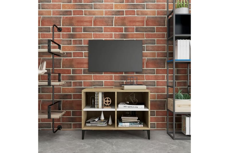 TV-bänk med metallben vit och sonoma-ek 69,5x30x50 cm - Vit - TV bänk & mediabänk