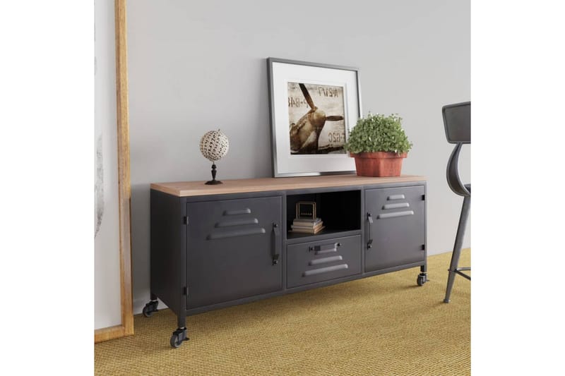 Tv-bänk svart 110x30x43 cm järn och massivt granträ - Svart - Möbler - Tv möbel & mediamöbel - TV bänk & mediabänk