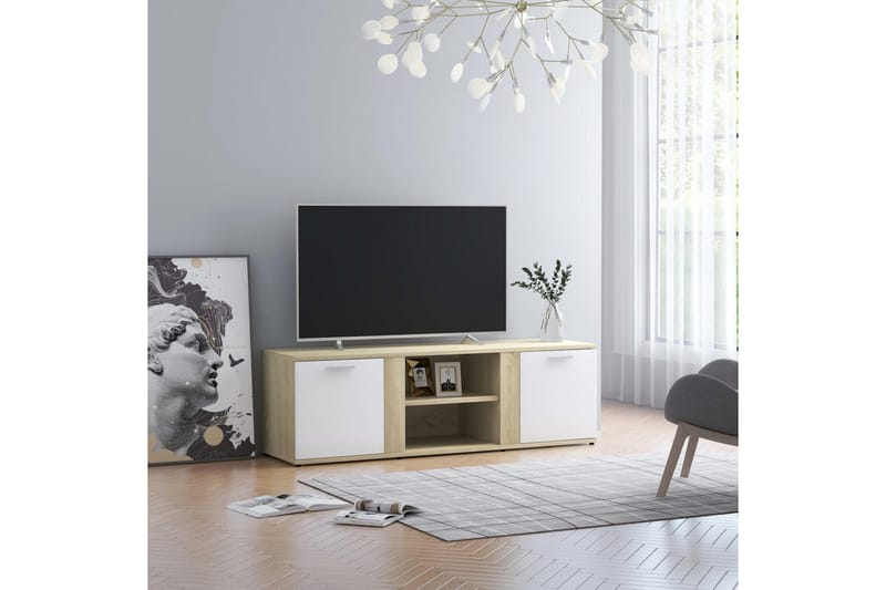 TV-bänk vit och sonoma-ek 120x34x37 cm spånskiva - Vit - TV bänk & mediabänk