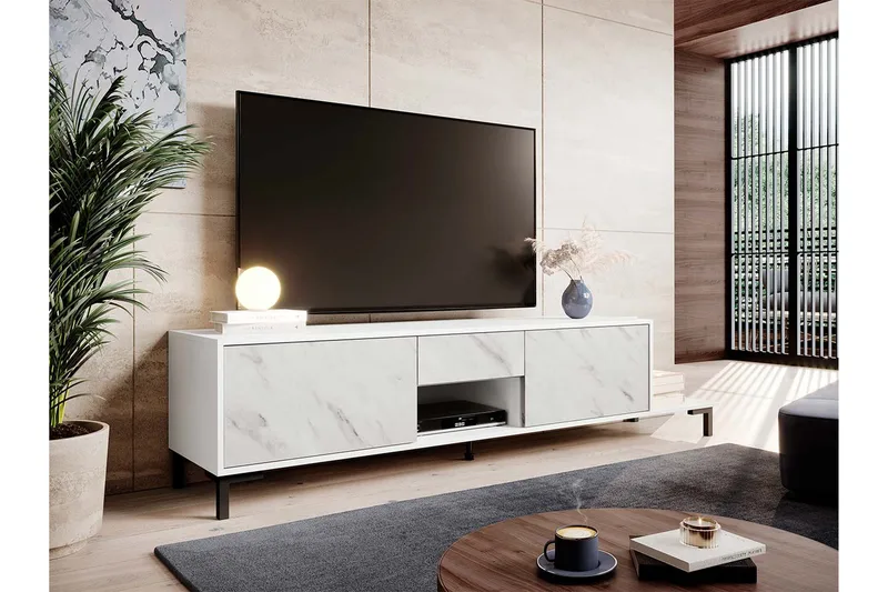 Tv Golvstående Tv Bänk 195 cm med Förvaring i Trä - Vit - Möbler - Tv möbel & mediamöbel - TV bänk & mediabänk