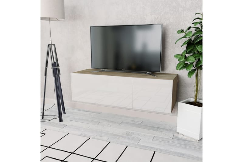 TV-möbel spånskiva 120x40x34 cm ek och vit högglans - Brun - Möbler - Tv möbel & mediamöbel - TV bänk & mediabänk
