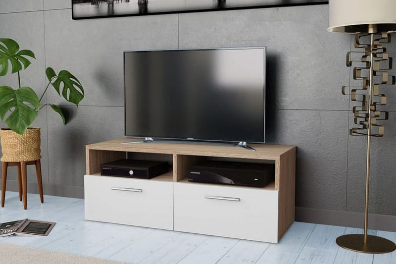 TV-möbel spånskiva 95x35x36 cm ek och vit - Brun - Möbler - Tv möbel & mediamöbel - TV bänk & mediabänk