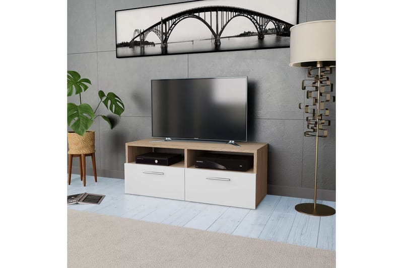 TV-möbel spånskiva 95x35x36 cm ek och vit - Brun - Möbler - Tv möbel & mediamöbel - TV bänk & mediabänk
