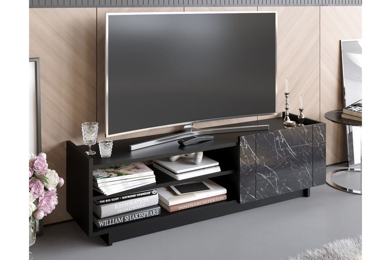 Ulica Tv-bänk 140 cm Dörr + 3 Hyllor - Svart - Möbler - Tv möbel & mediamöbel - TV bänk & mediabänk