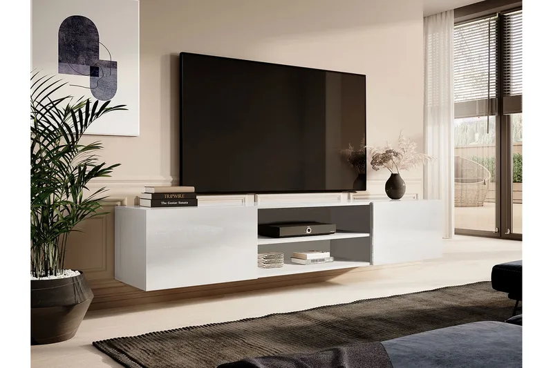 Vägghängd Tv Bänk 200 cm med Förvaring i Målat Trä - Vit - Möbler - Tv möbel & mediamöbel - TV bänk & mediabänk