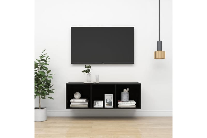 Väggmonterad tv-bänk svart högglans 37x37x107 cm spånskiva - Svart - TV bänk & mediabänk
