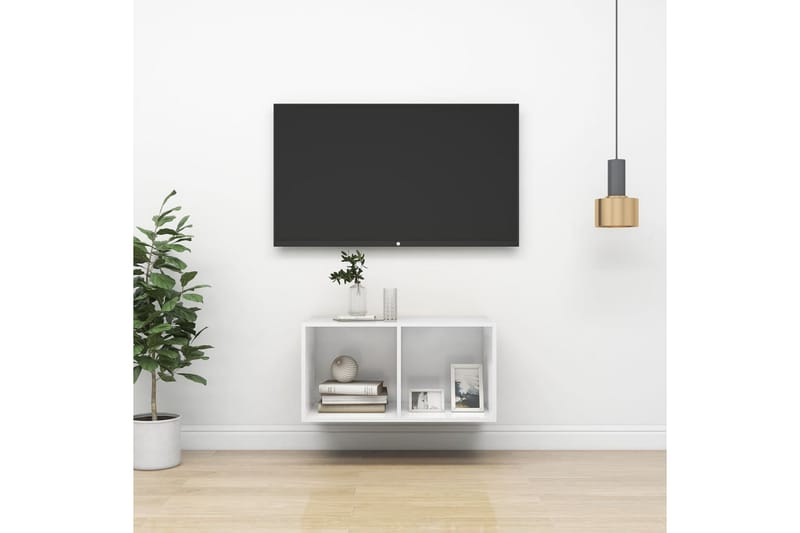 Väggmonterad tv-bänk vit högglans 37x37x72 cm spånskiva - Vit - TV bänk & mediabänk