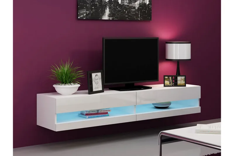 Vasil TV-bänk 180 cm Öppen Hylla - Vit/Vit Högglans - Möbler - Tv möbel & mediamöbel - TV bänk & mediabänk