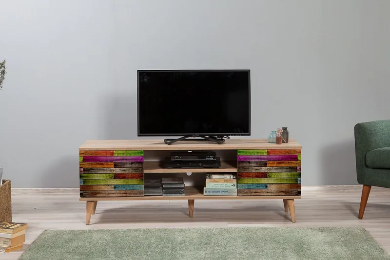Vellavie Tv-bänk 140 cm Regnbågspanel - Brun/Röd/Grön - Möbler - Tv möbel & mediamöbel - TV bänk & mediabänk