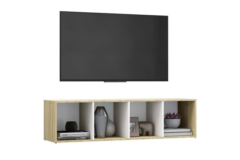 TV-bänk vit och sonoma-ek 142,5x35x36,5 cm spånskiva - Vit - Möbler - Tv möbel & mediamöbel - TV bänk & mediabänk
