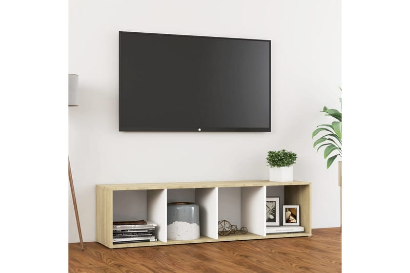 TV-bänk vit och sonoma-ek 142,5x35x36,5 cm spånskiva - Vit - Möbler - Tv möbel & mediamöbel - TV bänk & mediabänk