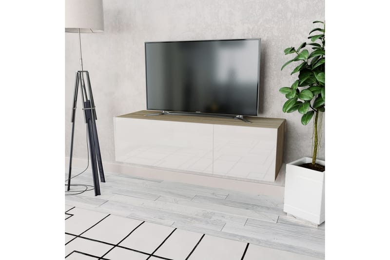 TV-möbel spånskiva 120x40x34 cm ek och vit högglans - Brun - TV bänk & mediabänk
