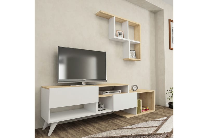 Fuhaymi Tv-möbelset 135 cm 2 Dörrar + 9 Hyllor - Vit/Blå/Natur - TV-möbelset