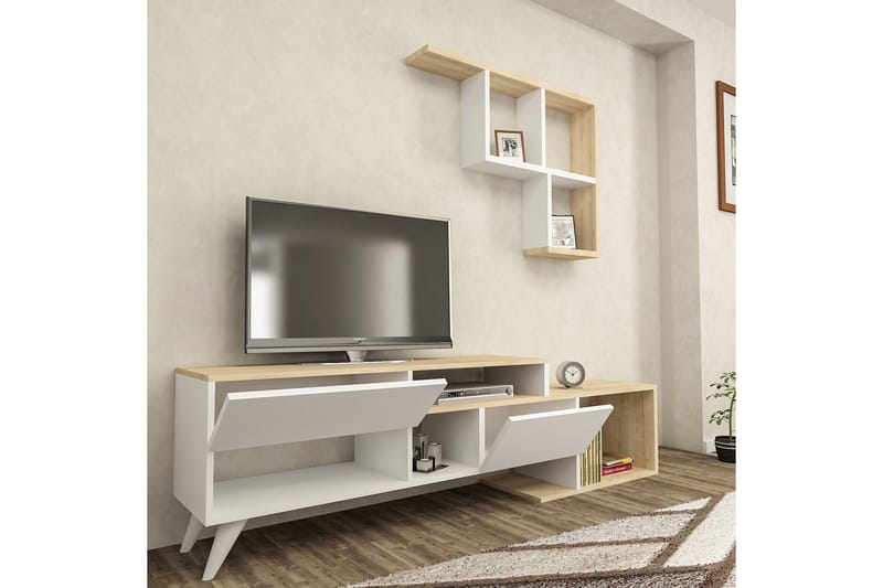 Fuhaymi Tv-möbelset 135 cm 2 Dörrar + 9 Hyllor - Vit/Blå/Natur - TV-möbelset
