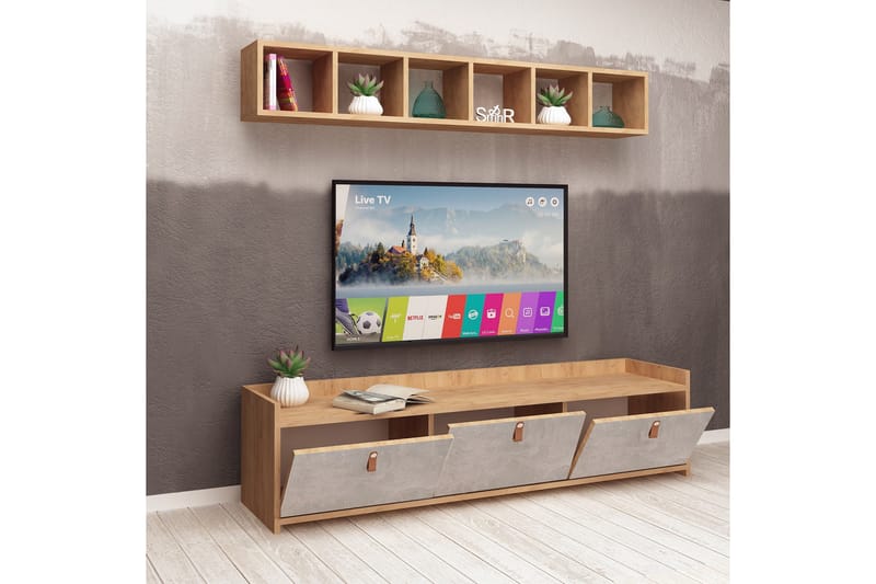 Mod Design Tv-bänk med Vägghylla - Grå/Trä - Möbler - Tv möbel & mediamöbel - TV-möbelset